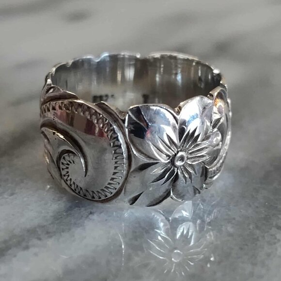Sterling Silver 925 Plumeria Flower Scroll Band Ring Sz 7 - Picture 1 of 12